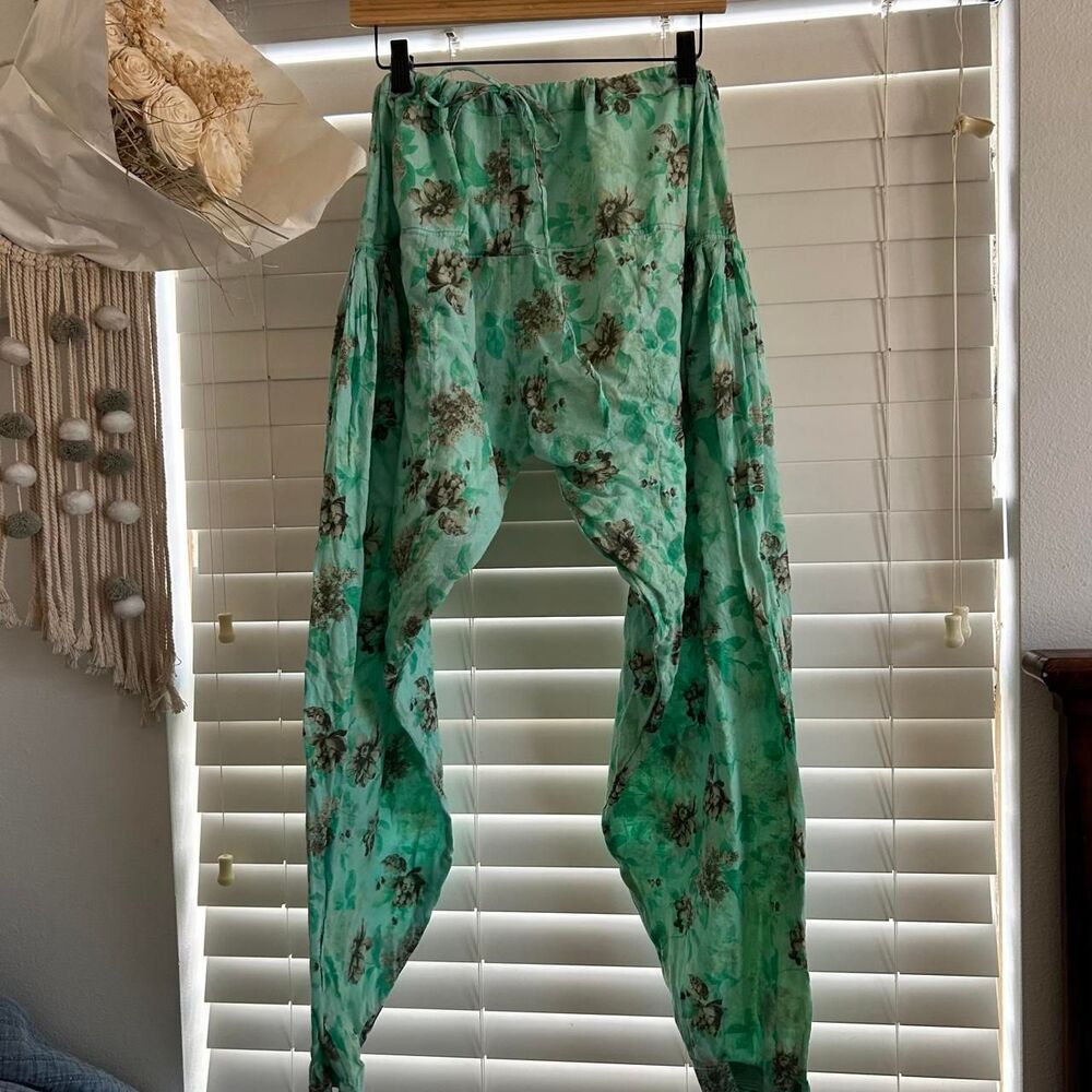 Mint Green Floral Harem Pants Boho Fairycore Artsy Coastal Relaxed Fit M